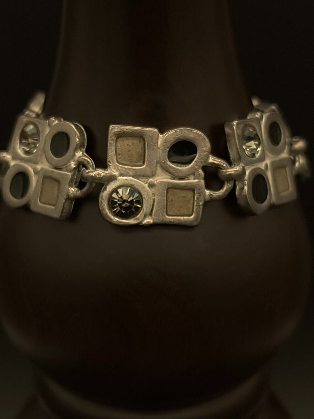Jackie Spector Modernist Silver Tone Enamel Rhinestone Toggle Bracelet